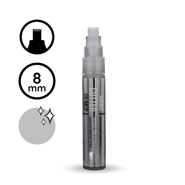 Marker Grog Cutter 08 MCP z lustrzaną farbą chrome oraz płaską końcówką chisel o szerokości 8 mm