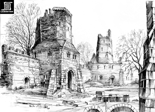 Zamek - praca cienkopisami. Autor: Piotr Zwierzchowski, szkoła rysunku Labirynt.